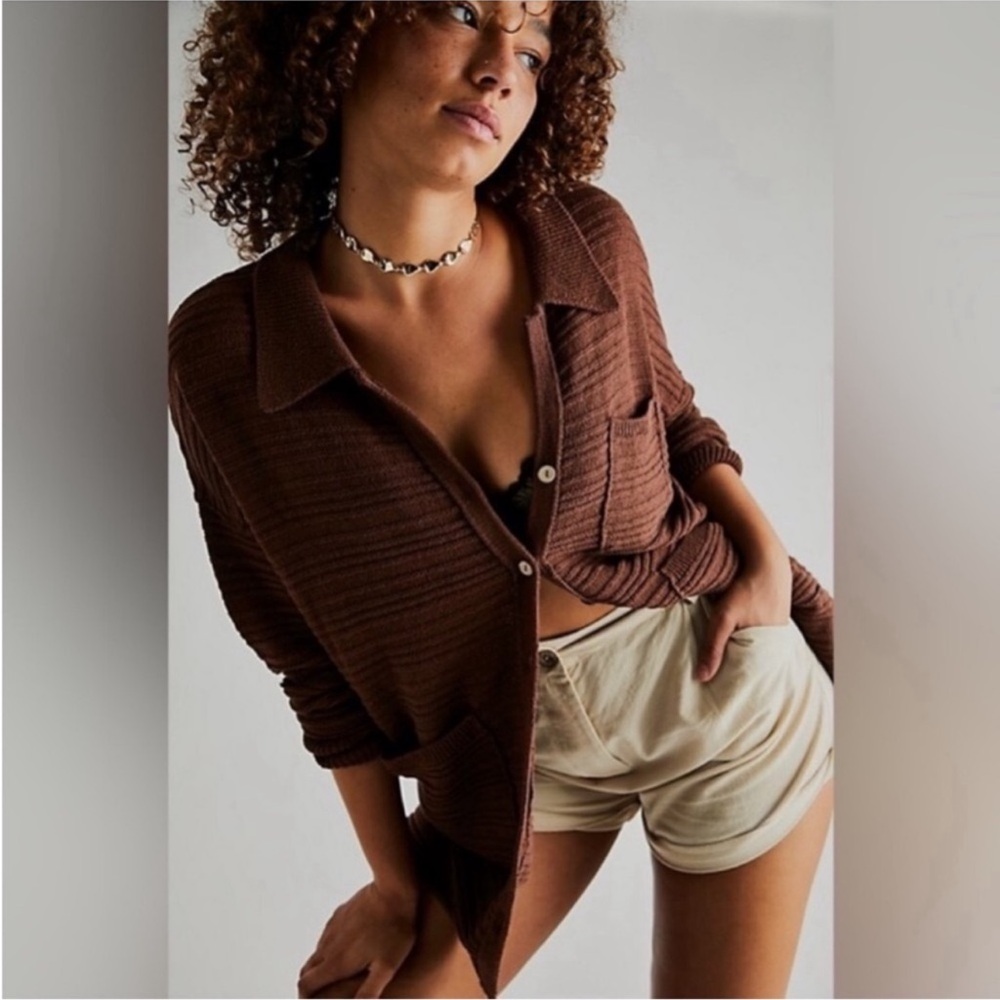 Free People Beach Brown Button Down “Beach Day” Jacket Cardigan, Pockets Small